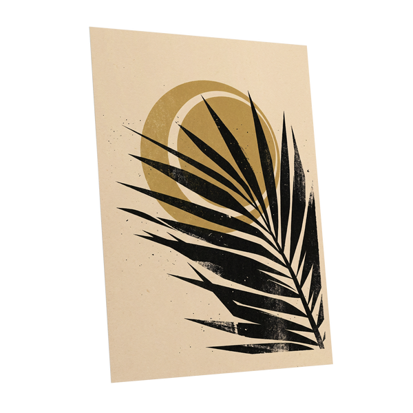 Gilded Palm Eclipse, black, beige, gold nature wall art shown as a unframed poster wall art print