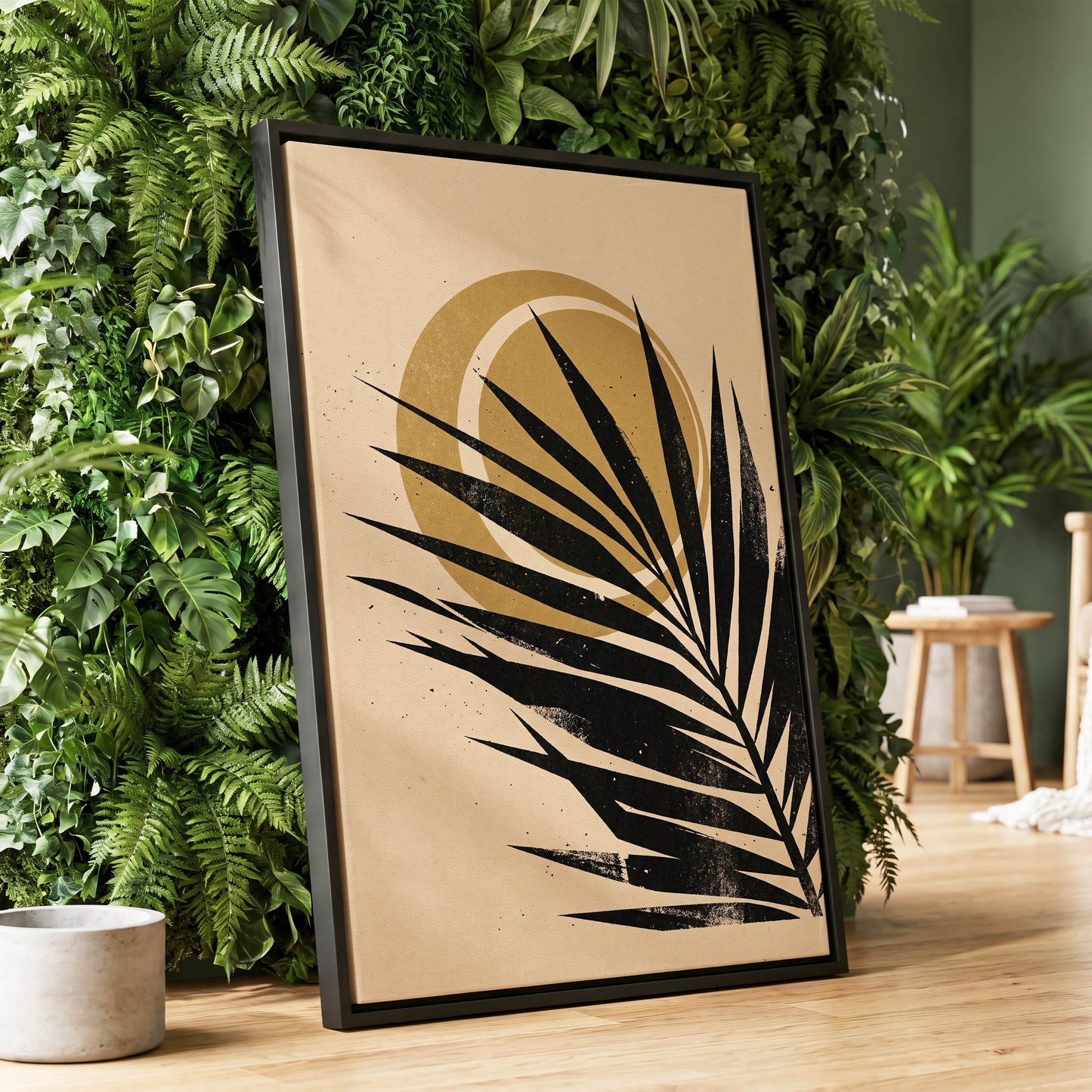 Gilded Palm Eclipse, black, beige, gold nature wall art displayed in a styled interior, gallery view 1
