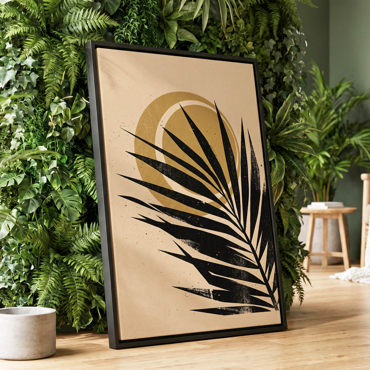 Gilded Palm Eclipse, black, beige, gold nature wall art displayed in a styled interior, gallery view 1