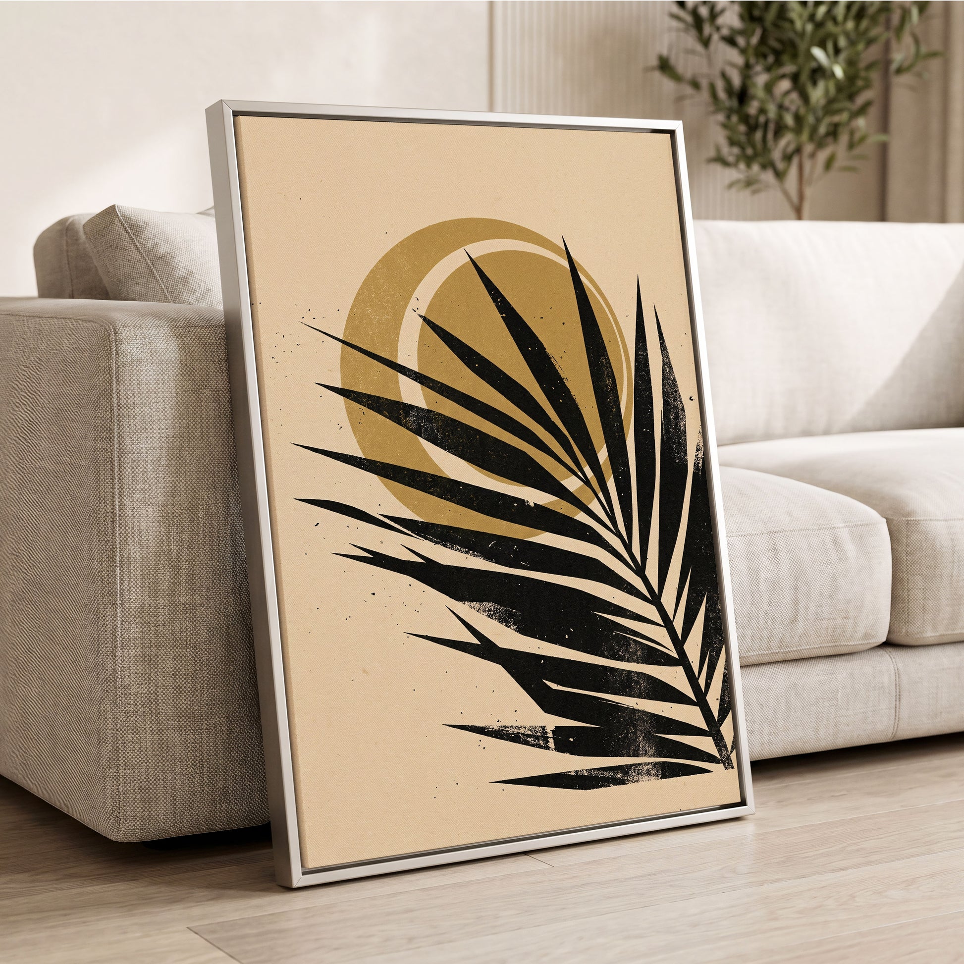 Gilded Palm Eclipse, black, beige, gold nature wall art displayed in a styled interior, gallery view 2