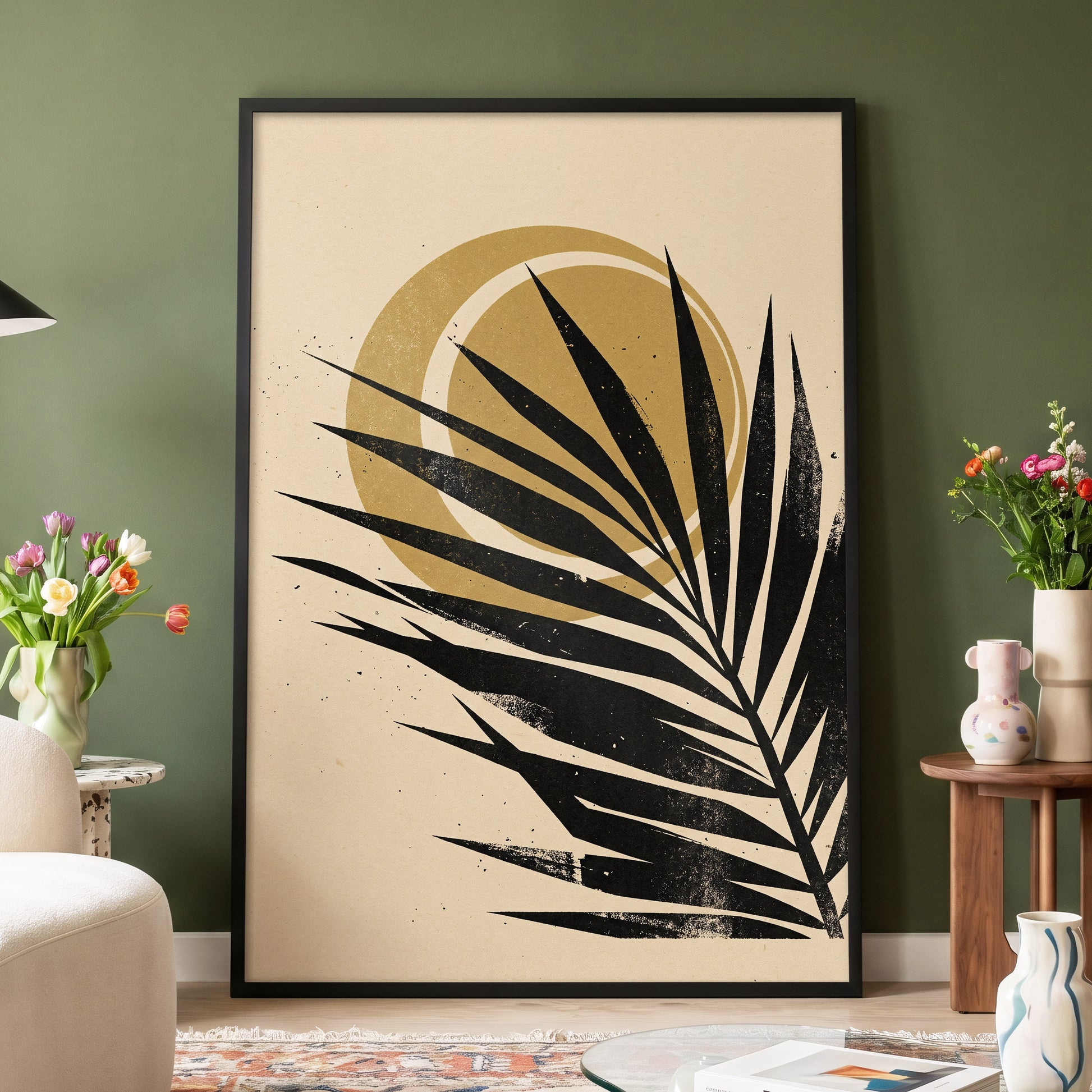 Gilded Palm Eclipse, black, beige, gold nature wall art displayed in a styled interior, gallery view 4
