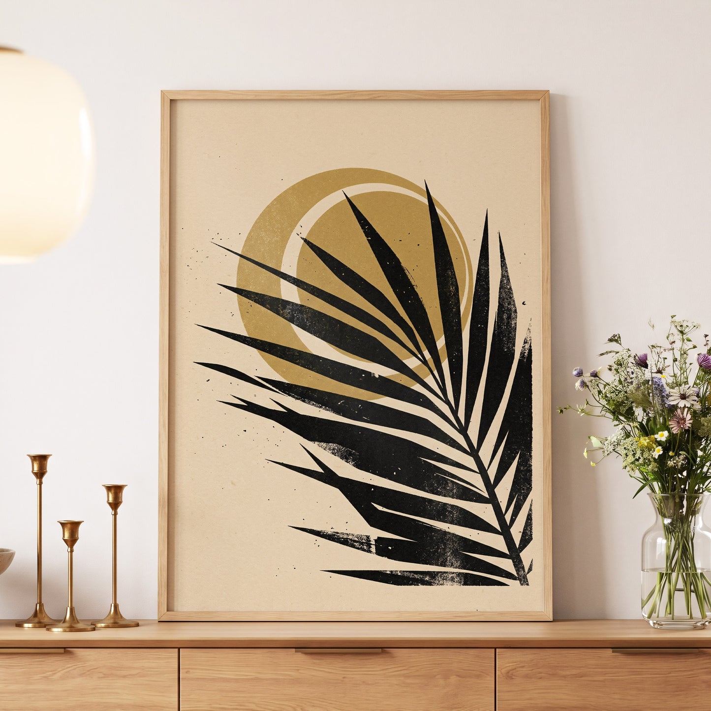 Gilded Palm Eclipse, black, beige, gold nature wall art displayed in a styled interior, gallery view 5