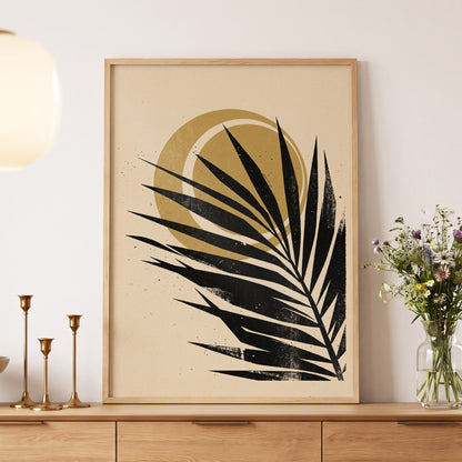 Gilded Palm Eclipse, black, beige, gold nature wall art displayed in a styled interior, gallery view 5
