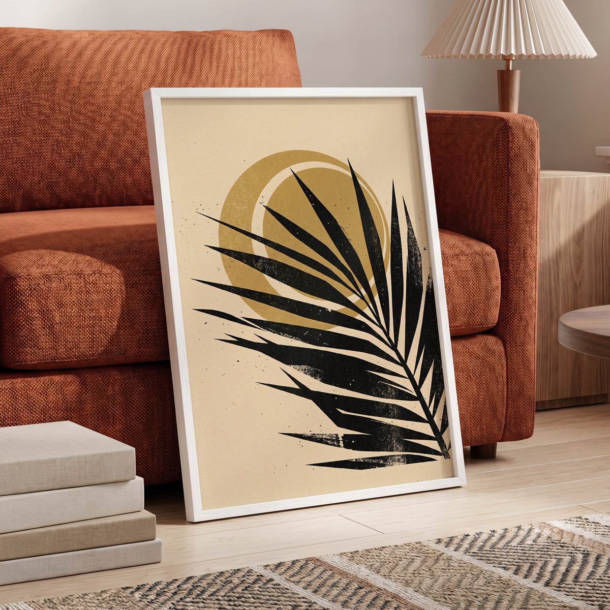 Gilded Palm Eclipse, black, beige, gold nature wall art displayed in a styled interior, gallery view 6