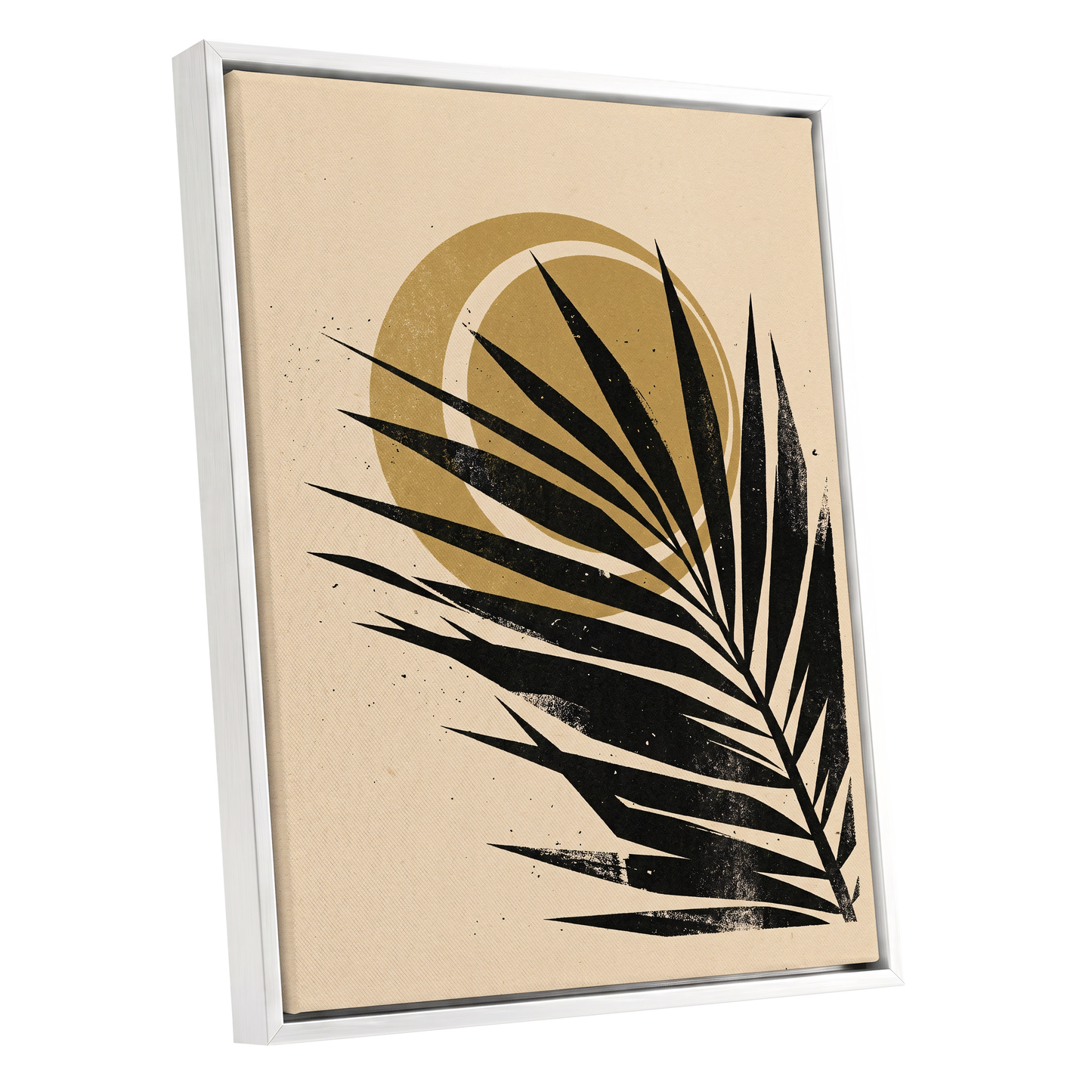 Gilded Palm Eclipse, black, beige, gold nature wall art shown as a white framed canvas wall art