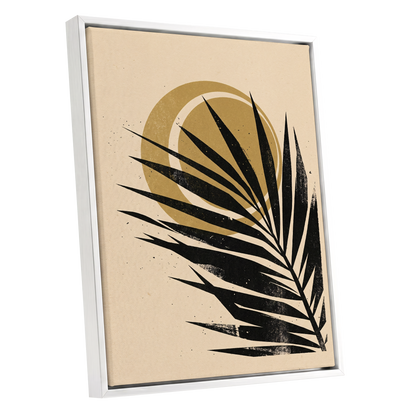 Gilded Palm Eclipse, black, beige, gold nature wall art shown as a white framed canvas wall art