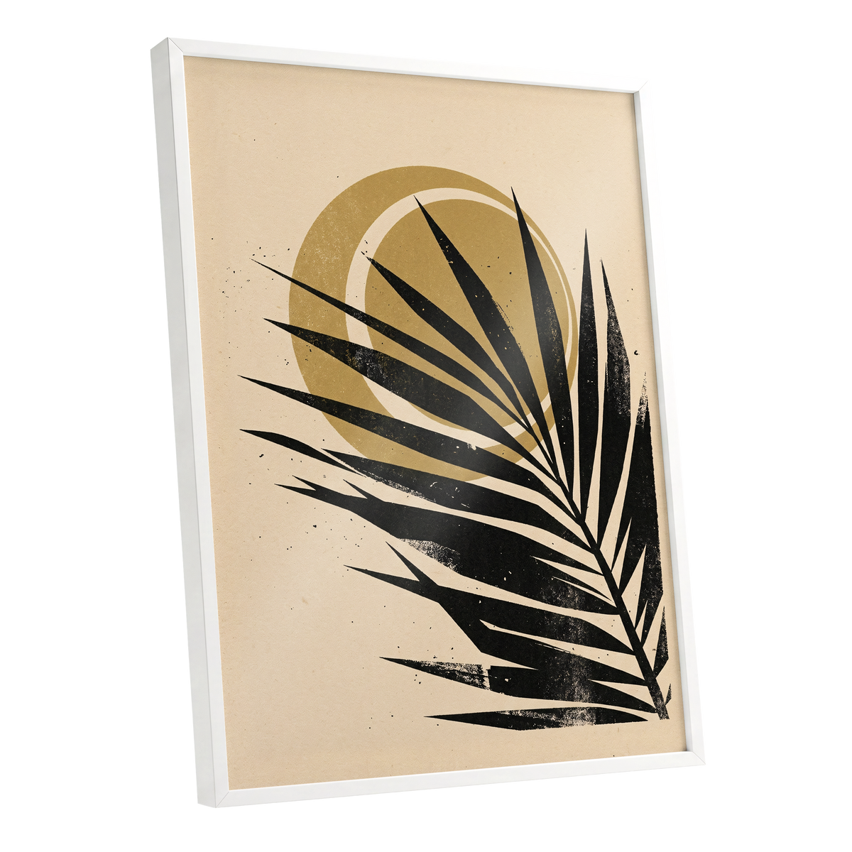 Gilded Palm Eclipse, black, beige, gold nature wall art shown as a white framed poster wall art print