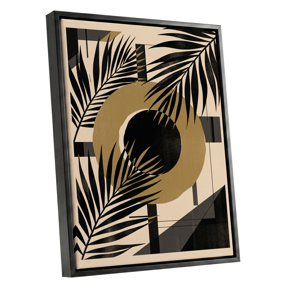 Gilded Palm Geometry, black, beige, gold nature wall art shown as a black framed canvas wall art