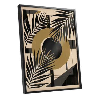 Gilded Palm Geometry, black, beige, gold nature wall art shown as a black framed poster wall art print