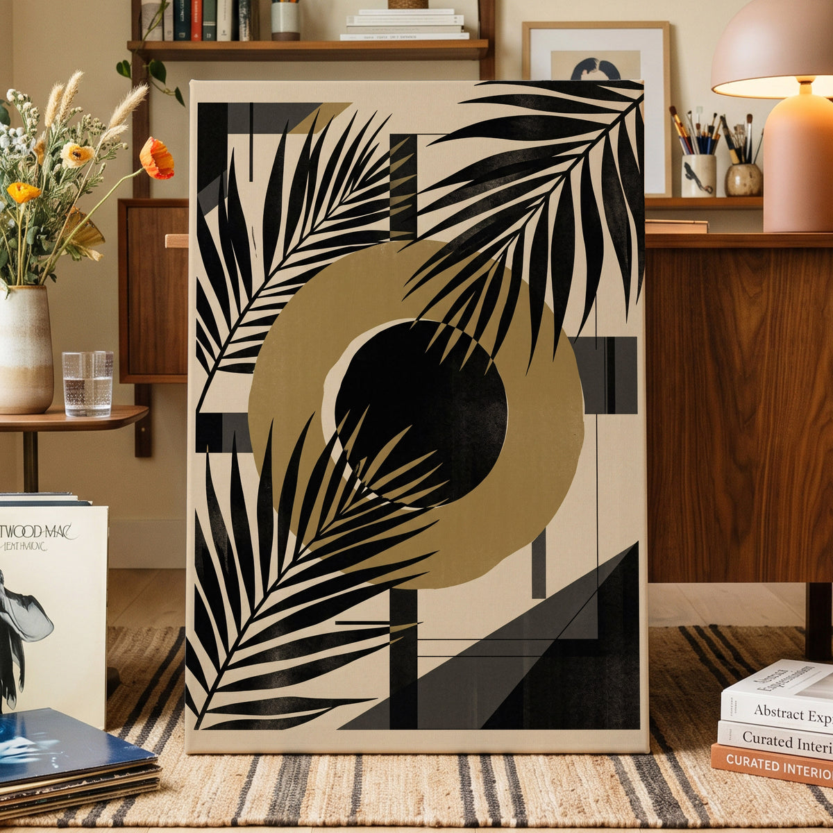 Gilded Palm Geometry, black, beige, gold nature wall art on canvas displayed in a styled interior, gallery view 1
