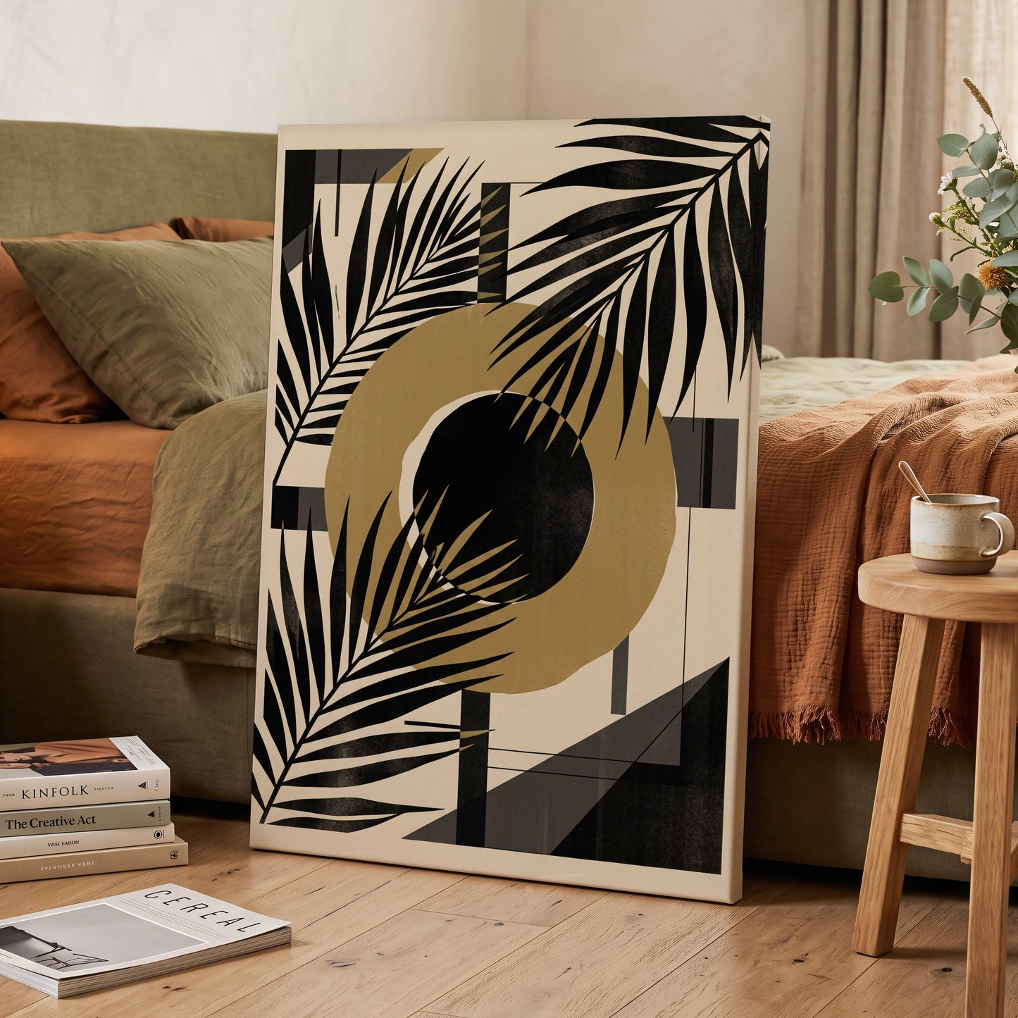 Gilded Palm Geometry, black, beige, gold nature wall art on canvas displayed in a styled interior, gallery view 2