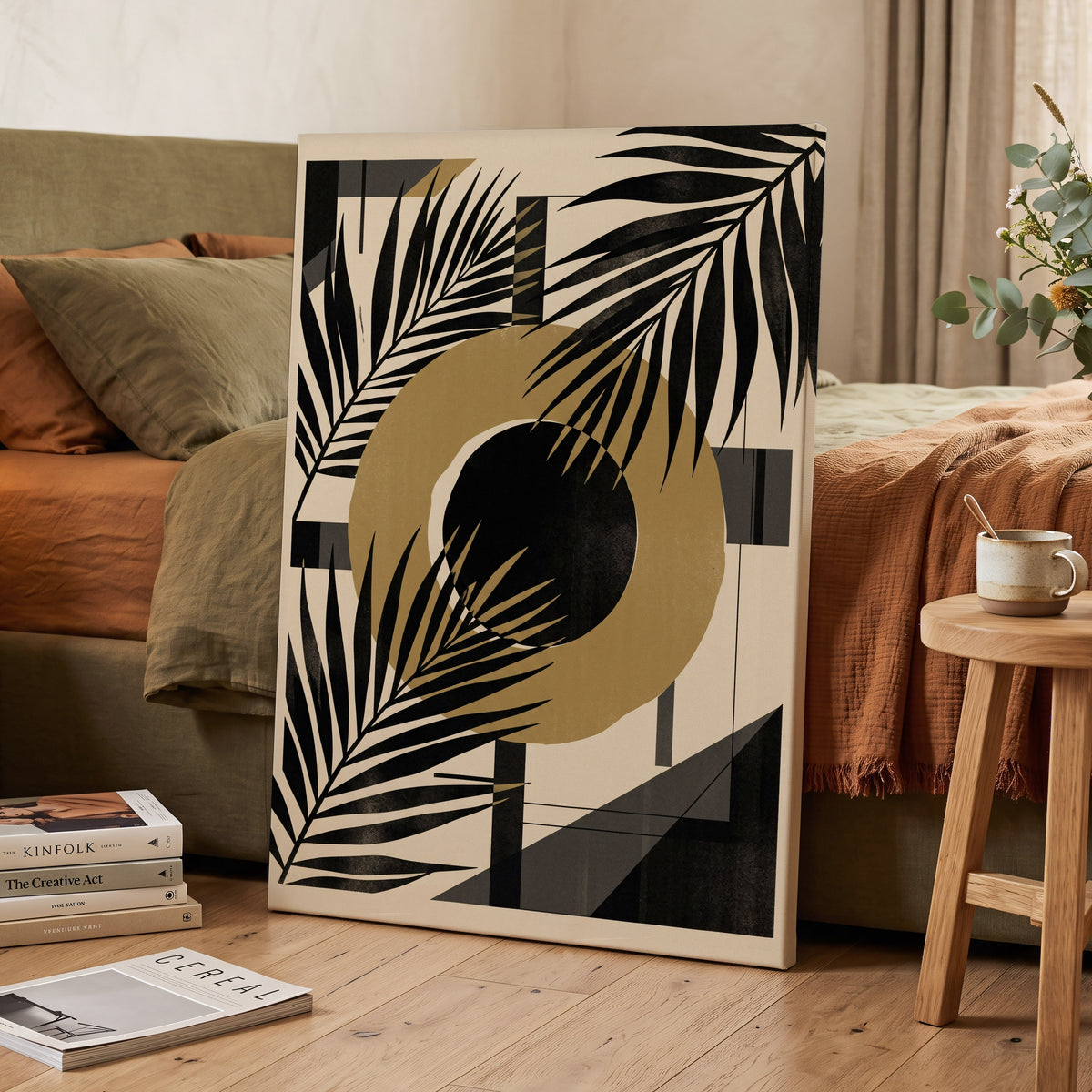 Gilded Palm Geometry, black, beige, gold nature wall art on canvas displayed in a styled interior, gallery view 2