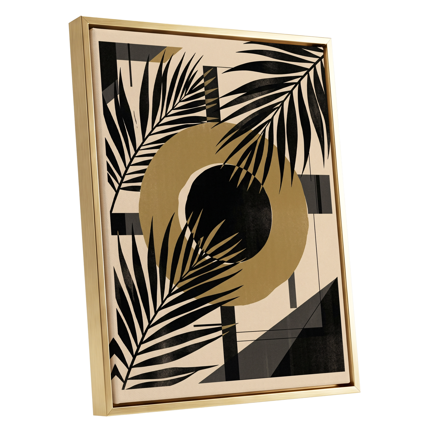 Gilded Palm Geometry, black, beige, gold nature wall art shown as a gold framed canvas wall art