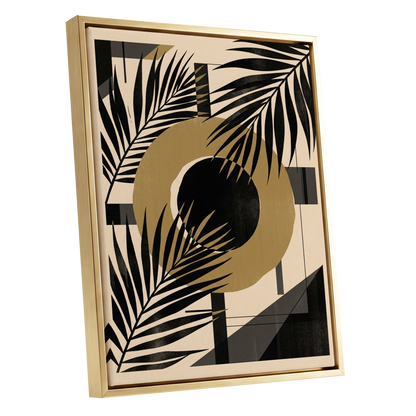 Gilded Palm Geometry, black, beige, gold nature wall art shown as a gold framed canvas wall art