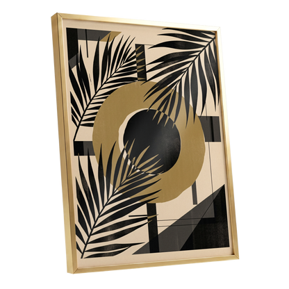 Gilded Palm Geometry, black, beige, gold nature wall art shown as a gold framed poster wall art print