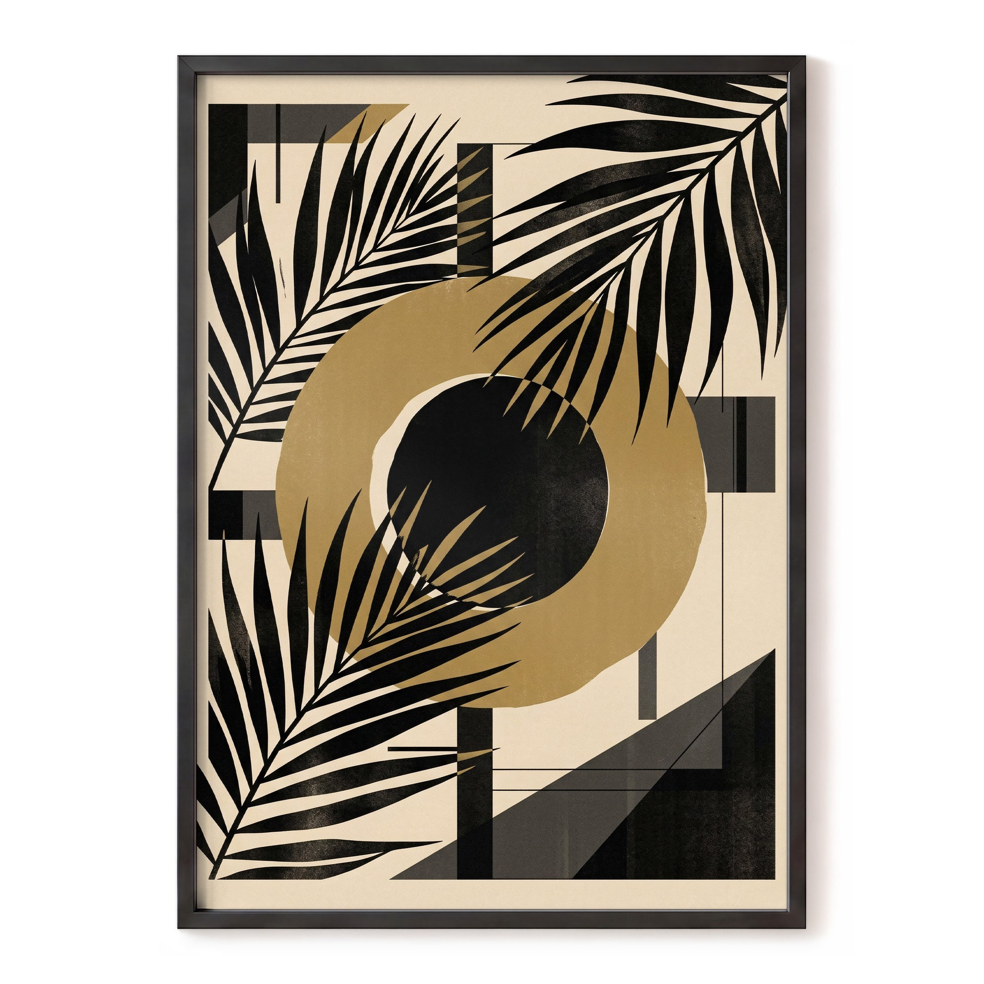 Gilded Palm Geometry, black, beige, gold nature wall art, front artwork view