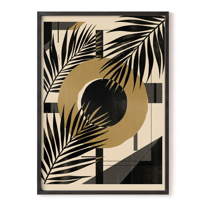 Gilded Palm Geometry, black, beige, gold nature wall art, front artwork view