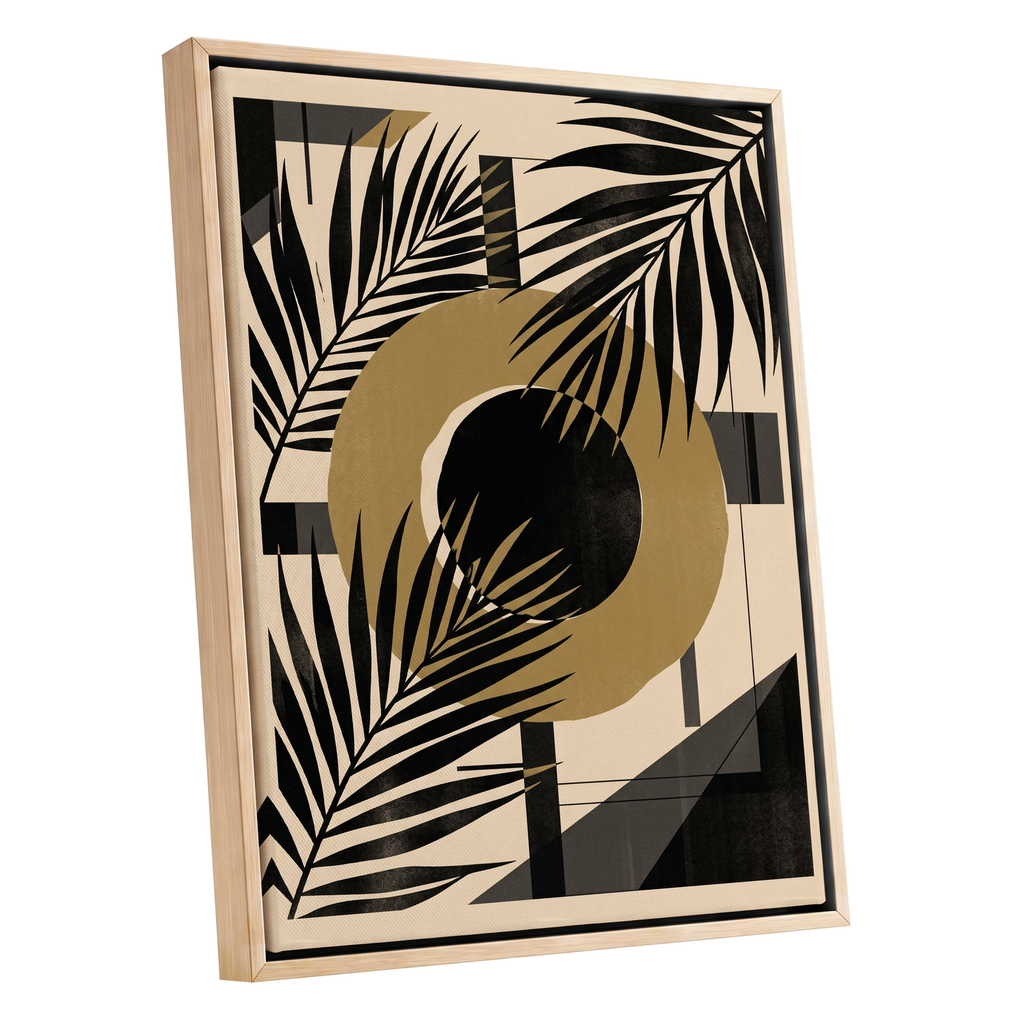 Gilded Palm Geometry, black, beige, gold nature wall art shown as a oak framed canvas wall art