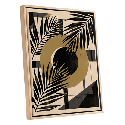 Gilded Palm Geometry, black, beige, gold nature wall art shown as a oak framed canvas wall art