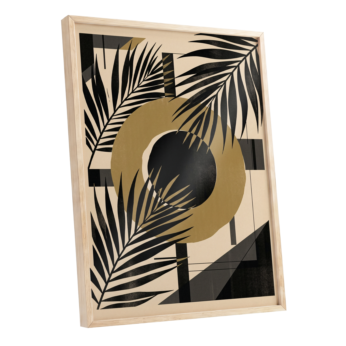 Gilded Palm Geometry, black, beige, gold nature wall art shown as a oak framed poster wall art print