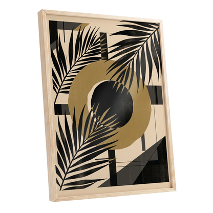 Gilded Palm Geometry, black, beige, gold nature wall art shown as a oak framed poster wall art print
