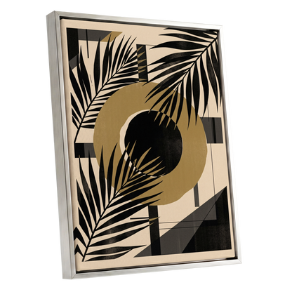 Gilded Palm Geometry, black, beige, gold nature wall art shown as a silver framed canvas wall art