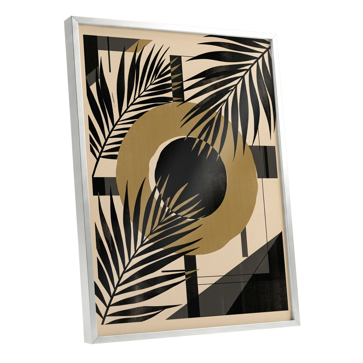 Gilded Palm Geometry, black, beige, gold nature wall art shown as a silver framed poster wall art print