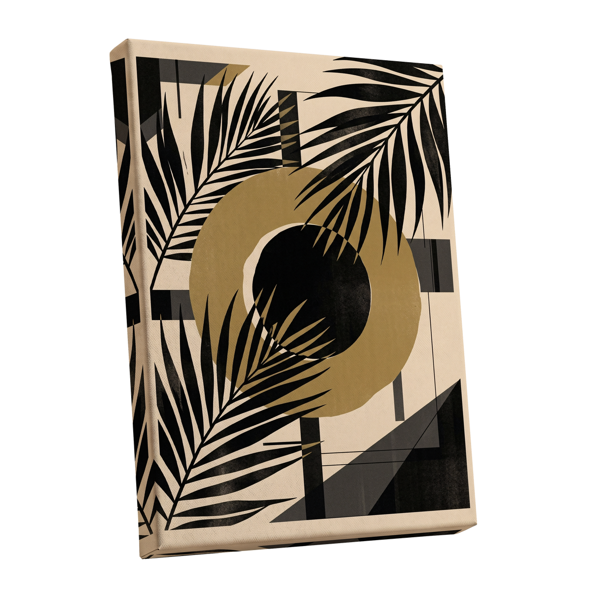 Gilded Palm Geometry, black, beige, gold nature wall art shown as a stretched canvas wall art