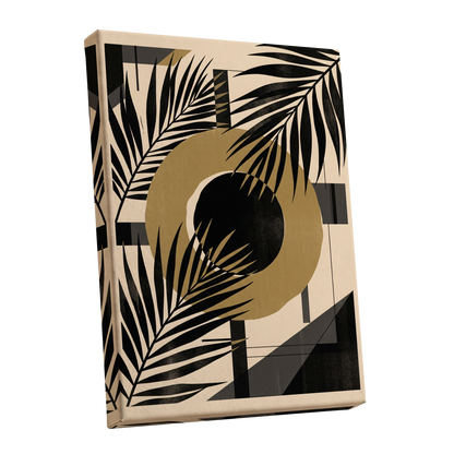 Gilded Palm Geometry, black, beige, gold nature wall art shown as a stretched canvas wall art