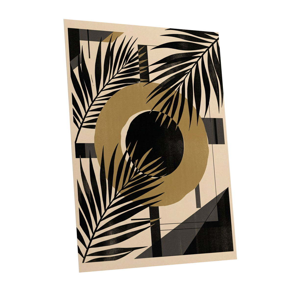 Gilded Palm Geometry, black, beige, gold nature wall art shown as a unframed poster wall art print