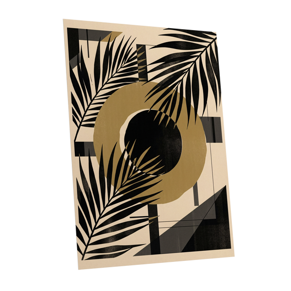 Gilded Palm Geometry, black, beige, gold nature wall art shown as a unframed poster wall art print