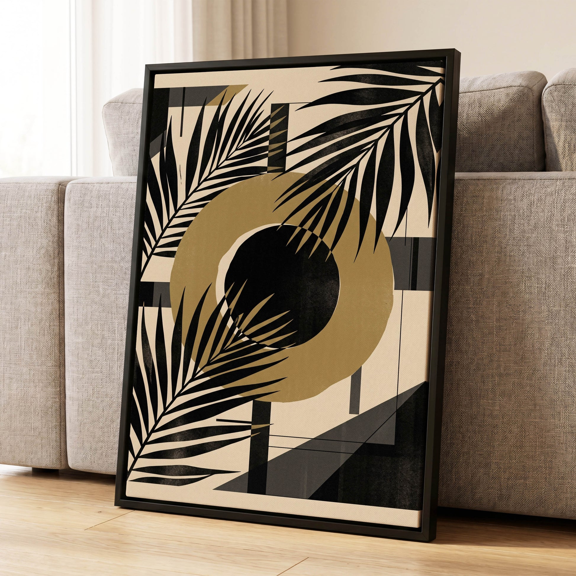 Gilded Palm Geometry, black, beige, gold nature wall art displayed in a styled interior, gallery view 1
