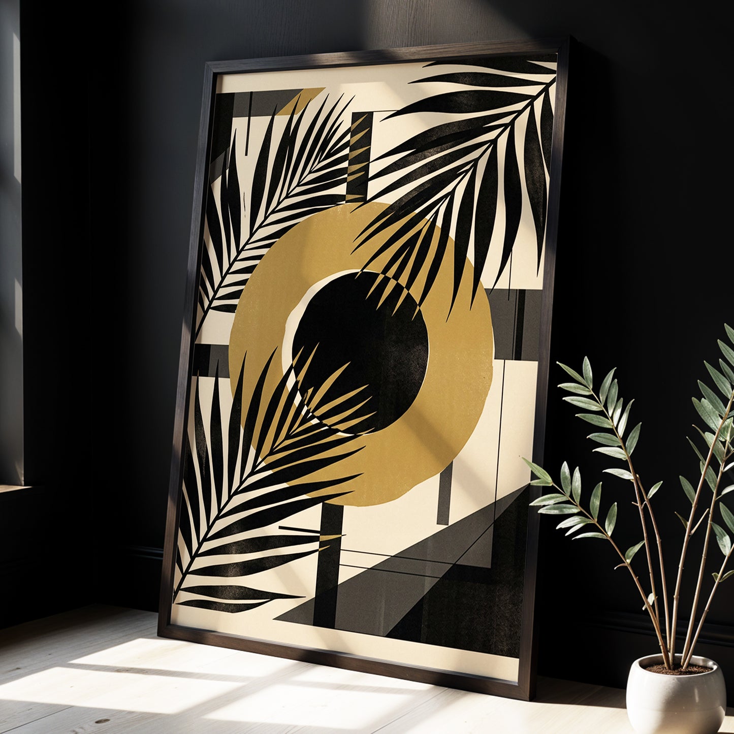 Gilded Palm Geometry, black, beige, gold nature wall art displayed in a styled interior, gallery view 2