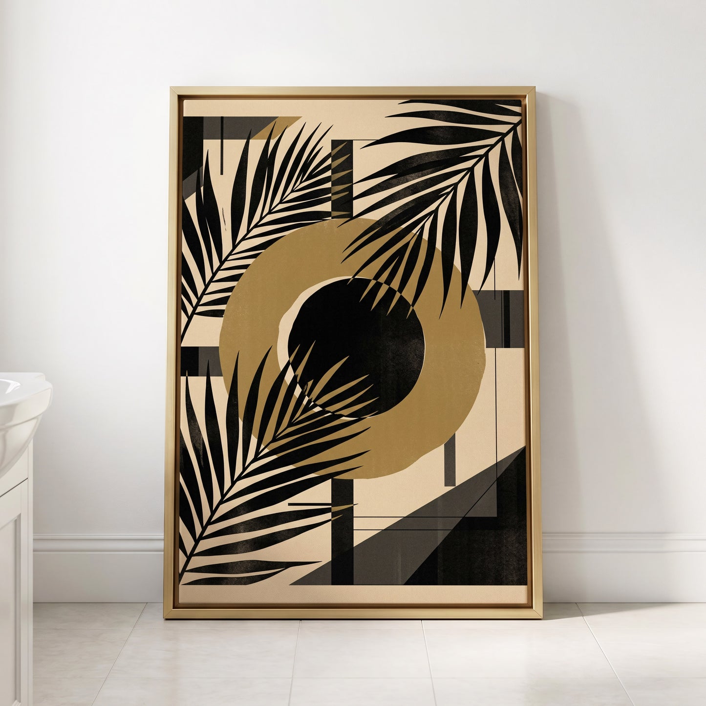 Gilded Palm Geometry, black, beige, gold nature wall art displayed in a styled interior, gallery view 3