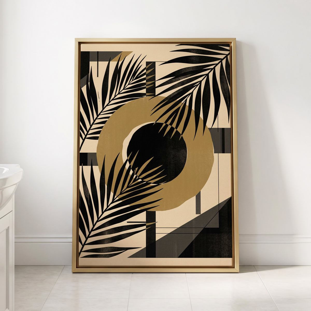 Gilded Palm Geometry, black, beige, gold nature wall art displayed in a styled interior, gallery view 3