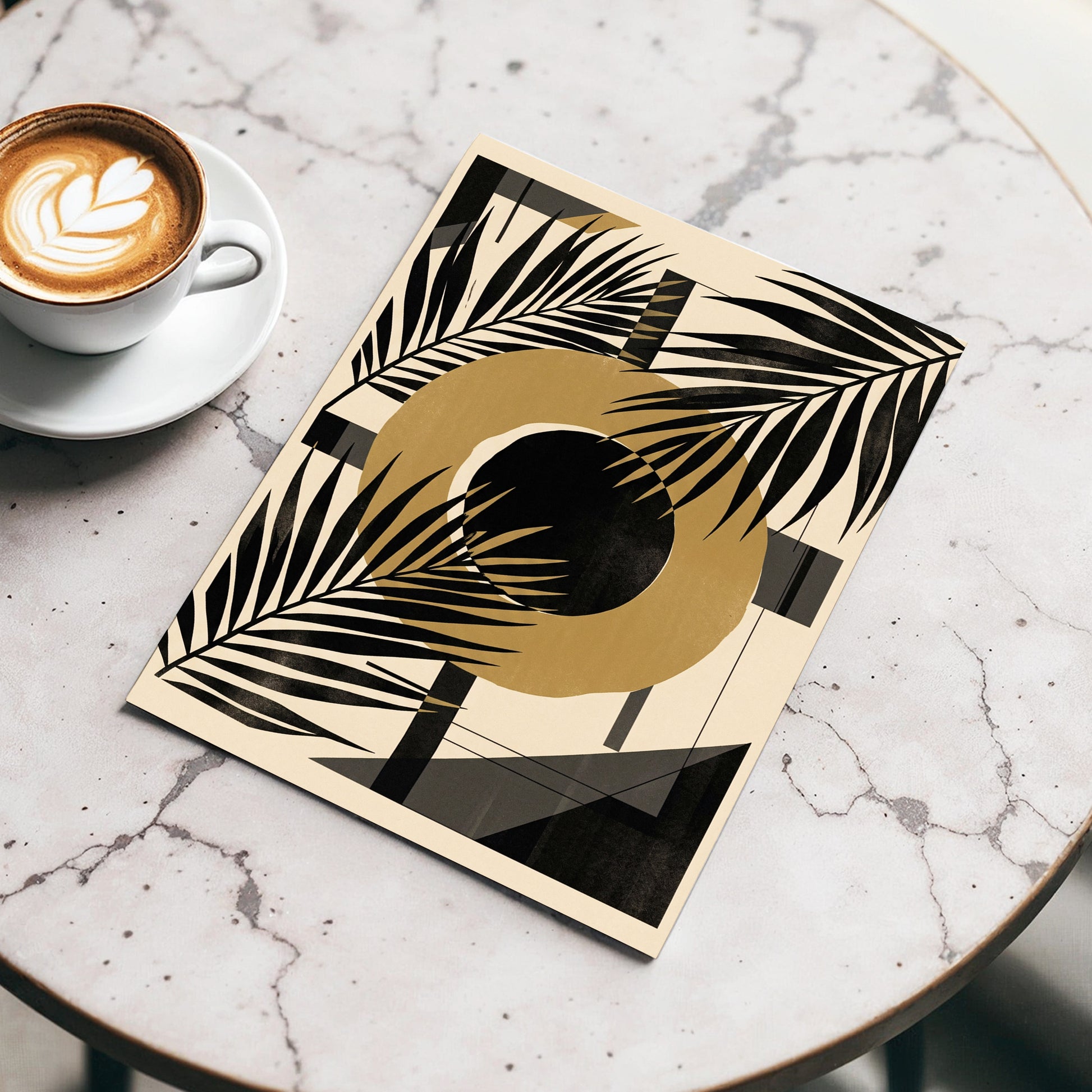 Gilded Palm Geometry, black, beige, gold nature wall art displayed in a styled interior, gallery view 4