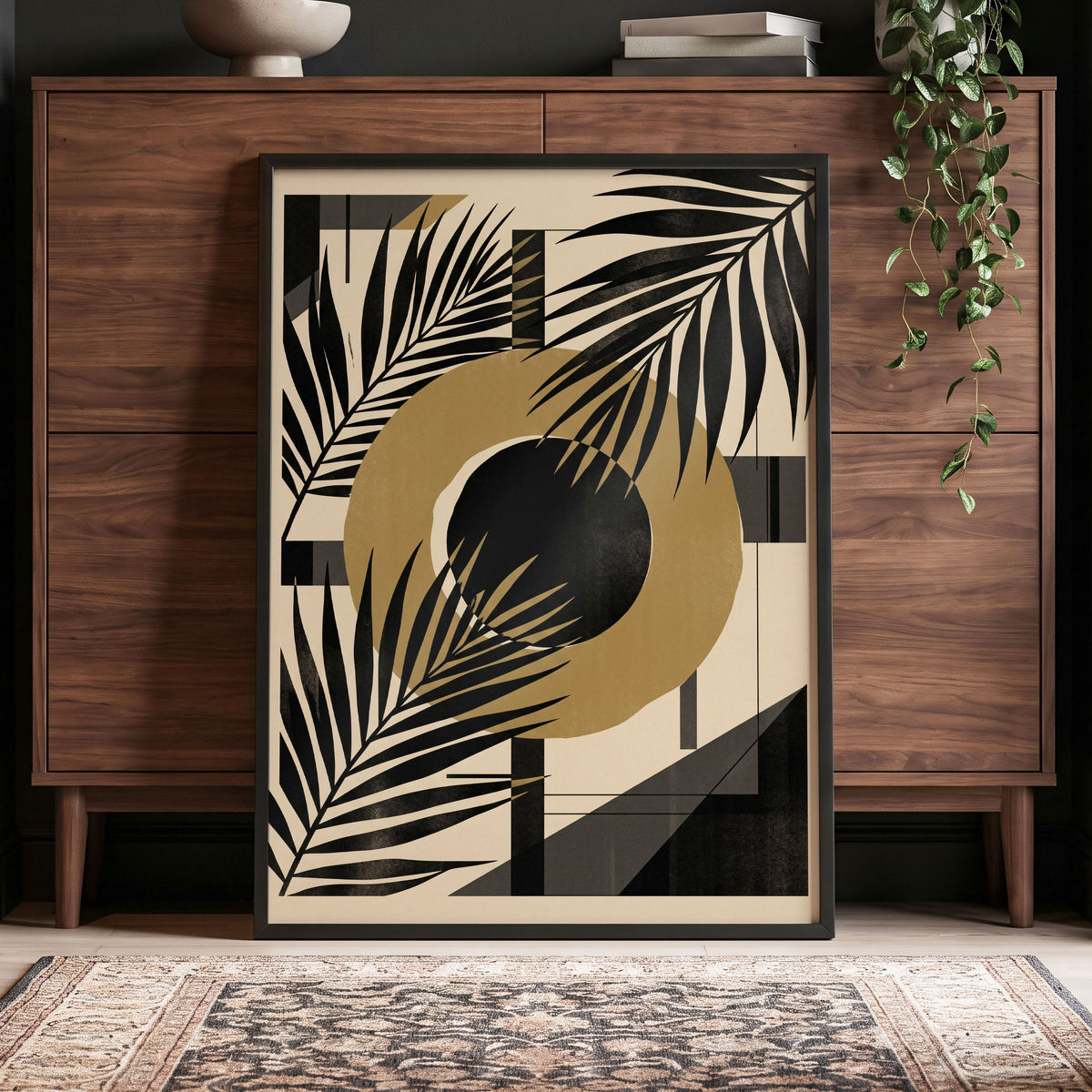 Gilded Palm Geometry, black, beige, gold nature wall art displayed in a styled interior, gallery view 5