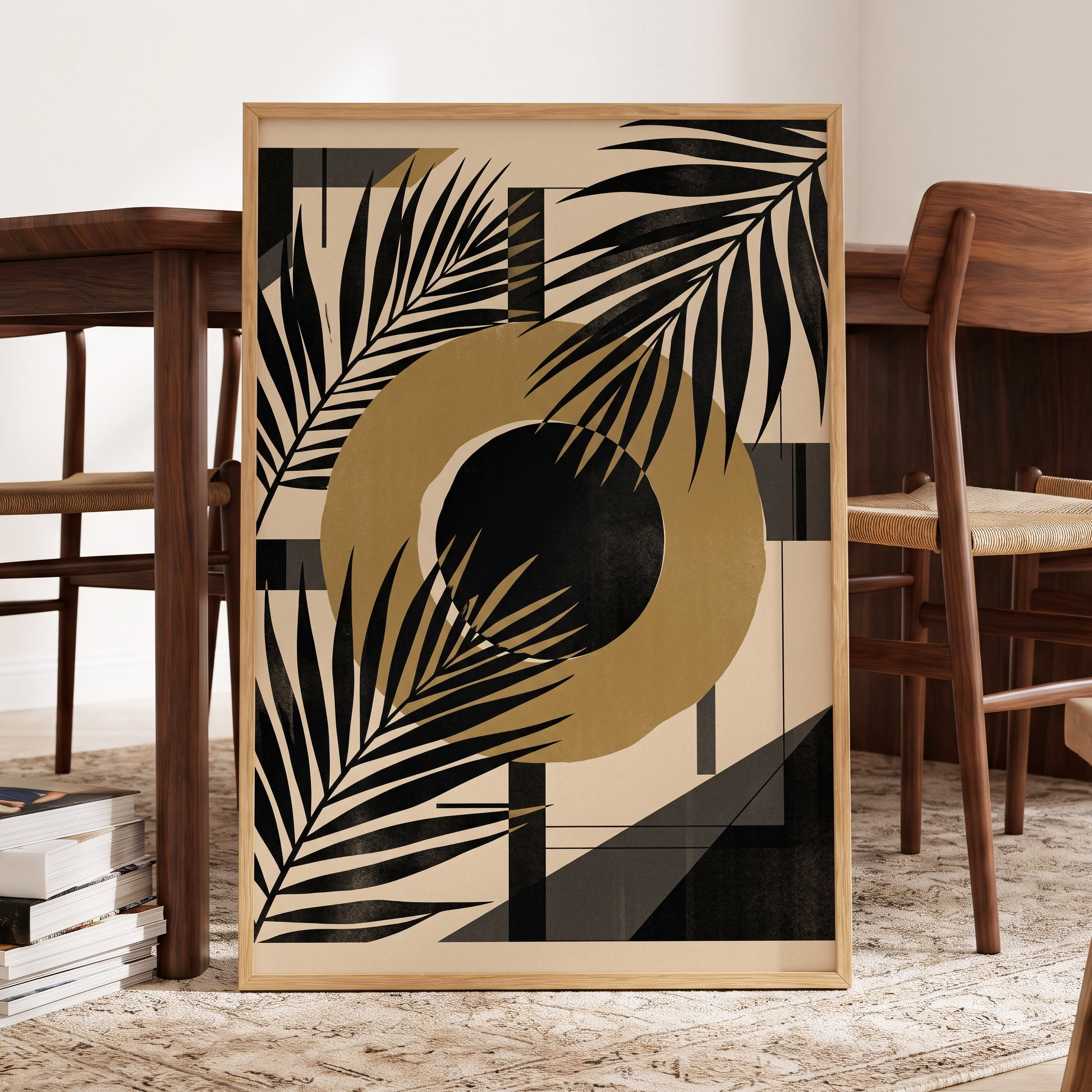 Gilded Palm Geometry, black, beige, gold nature wall art displayed in a styled interior, gallery view 6