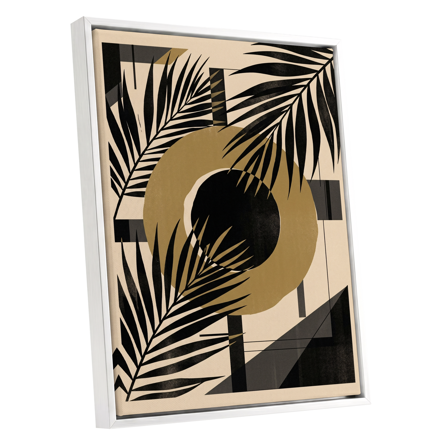 Gilded Palm Geometry, black, beige, gold nature wall art shown as a white framed canvas wall art