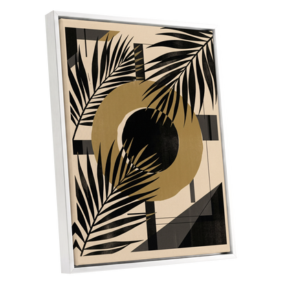 Gilded Palm Geometry, black, beige, gold nature wall art shown as a white framed canvas wall art