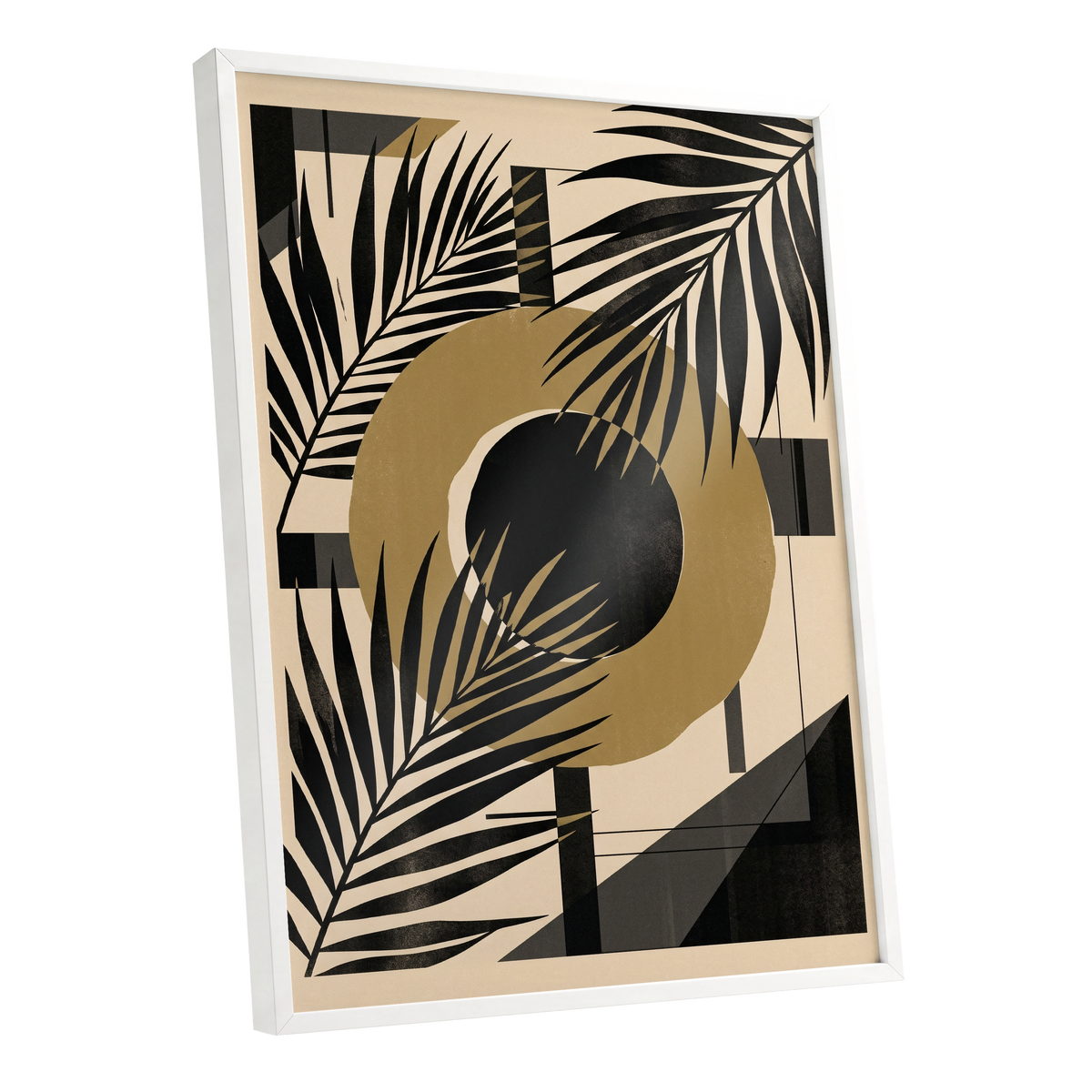 Gilded Palm Geometry, black, beige, gold nature wall art shown as a white framed poster wall art print