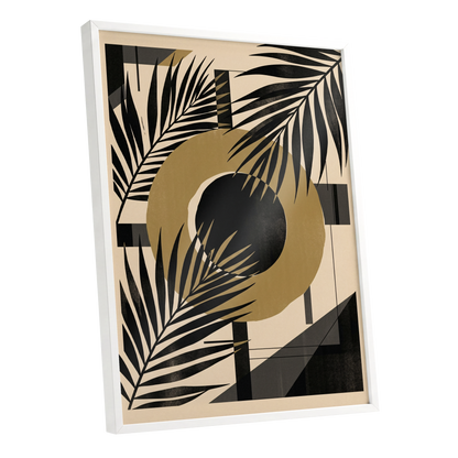 Gilded Palm Geometry, black, beige, gold nature wall art shown as a white framed poster wall art print