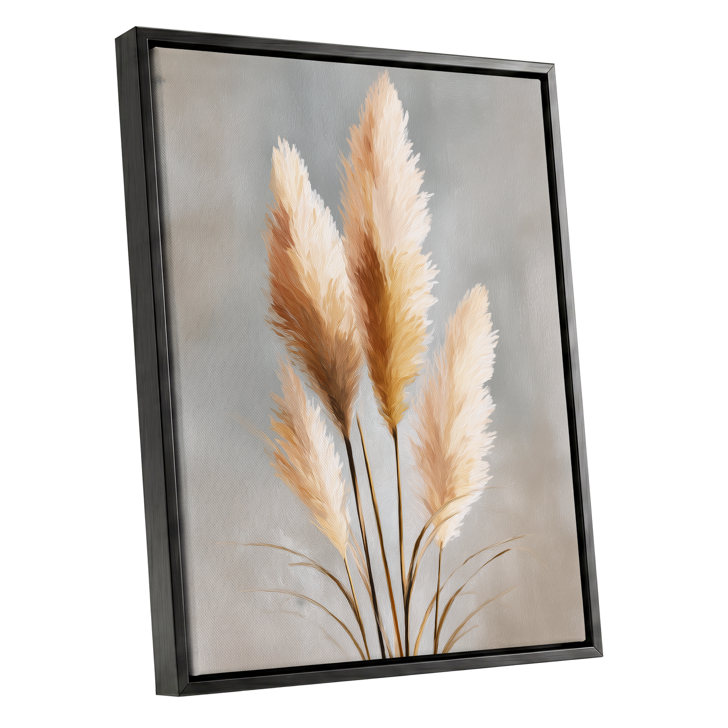 Gilded Pampas, gray, beige, gold nature wall art shown as a black framed canvas wall art
