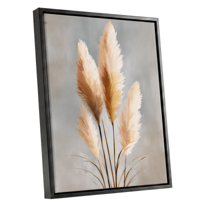 Gilded Pampas, gray, beige, gold nature wall art shown as a black framed canvas wall art