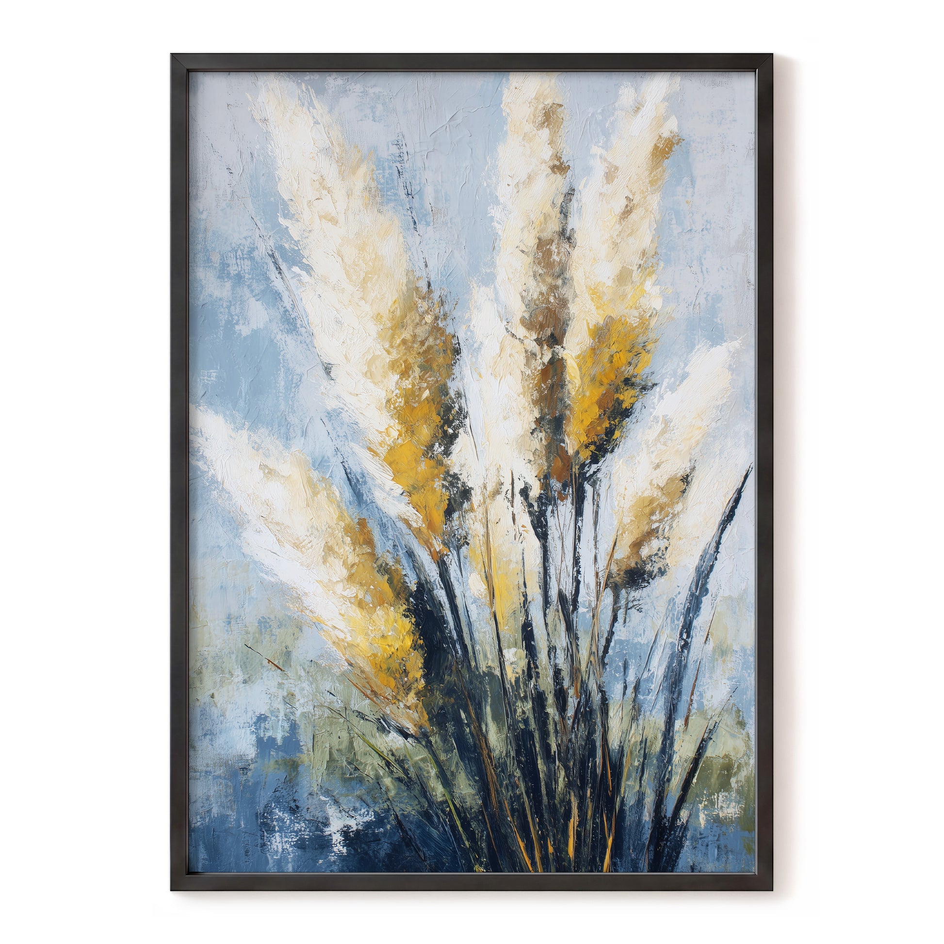 Gilded Pampas – blue, gold, white nature wall art, front view