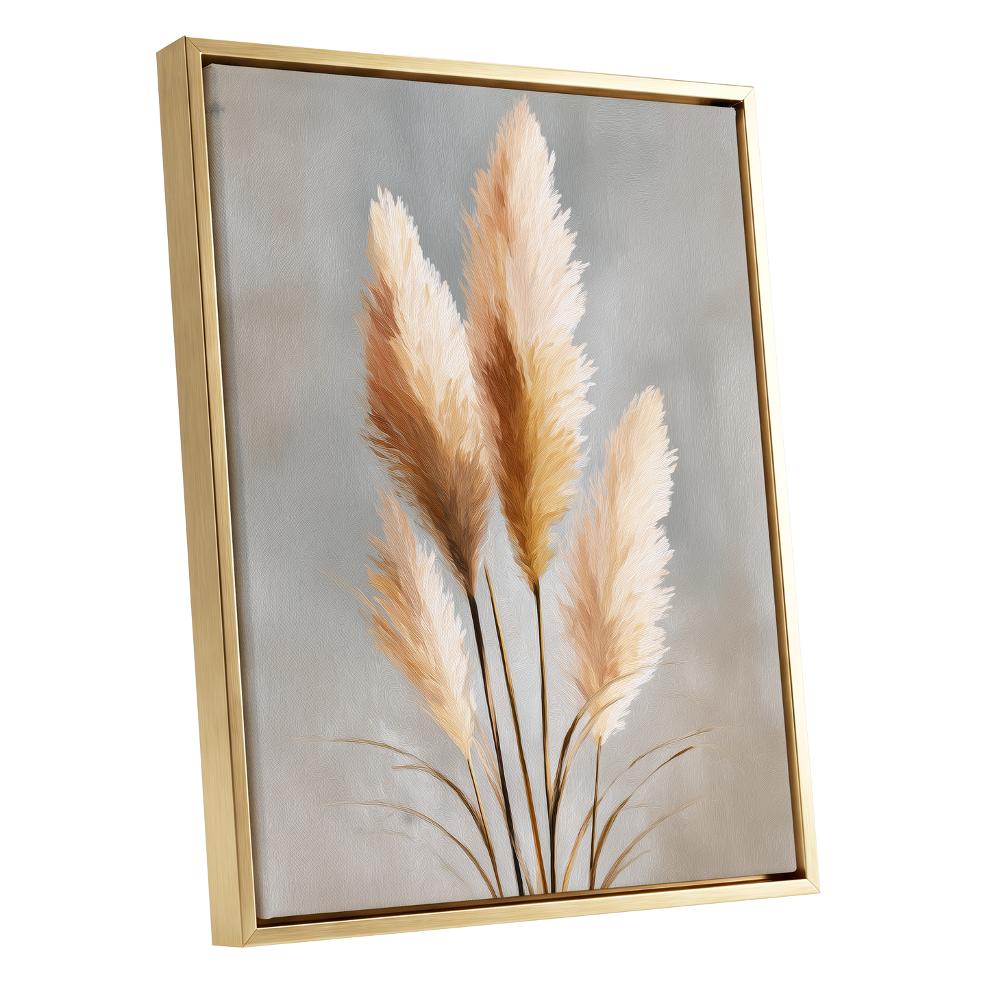 Gilded Pampas, gray, beige, gold nature wall art shown as a gold framed canvas wall art