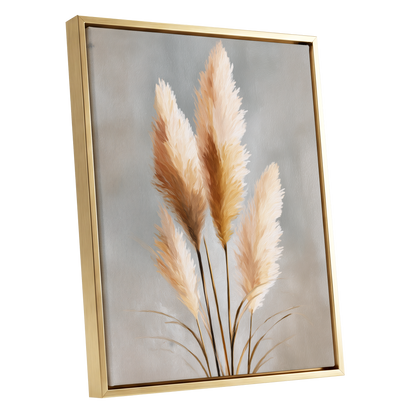 Gilded Pampas, gray, beige, gold nature wall art shown as a gold framed canvas wall art