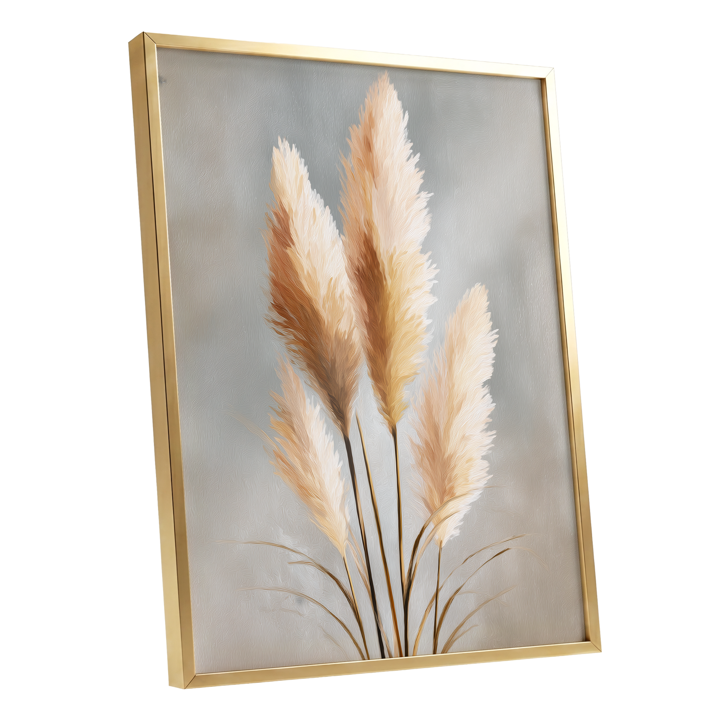 Gilded Pampas, gray, beige, gold nature wall art shown as a gold framed poster wall art print