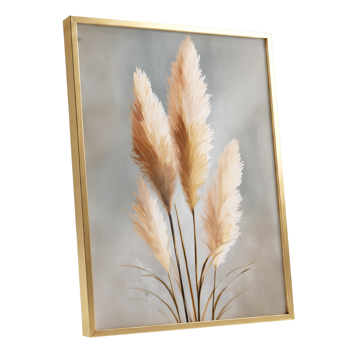 Gilded Pampas, gray, beige, gold nature wall art shown as a gold framed poster wall art print