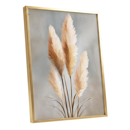 Gilded Pampas, gray, beige, gold nature wall art shown as a gold framed poster wall art print